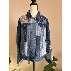 Johnny Was Workshop Embroidered Patchwork Denim Jacket Boho Floral Size M